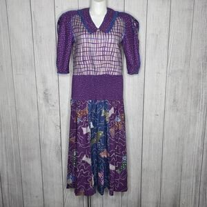 VTG Jeanne Marc Abstract Fish Print Dress Pleated Sleeve Back Button, Medium